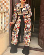 Graphic Print Open Front Split Hem Belted Longline Cardigan