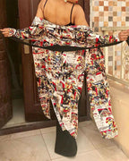 Graphic Print Open Front Split Hem Belted Longline Cardigan