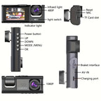 3 Channel Dash Cam Front And Rear Inside, 1080P Car DVR Camera Video Recorder G-Sensor Night Vision/ParMonitor/Accident Lock/Loop Recording