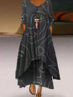 Round Neck Printed Long Sleeve Irregular Hem Dress