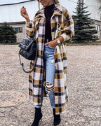 mid-length plaid print long sleeve coat