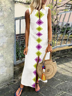 Cotton/Linen V-Neck Bohemian Printed Sleeveless Casual Dress