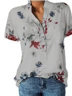Stand Collar Short Sleeve Flower Print Loose Blouse