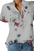 Stand Collar Short Sleeve Flower Print Loose Blouse