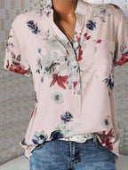Stand Collar Short Sleeve Flower Print Loose Blouse