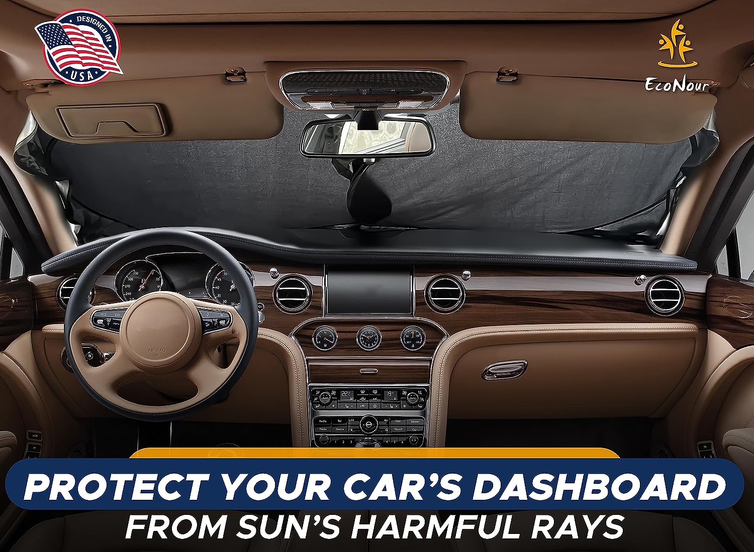 EcoNour Car Shade Front Windshield | Windshield Dash Protector for Maximum UV Rays and Sun Heat Protection | Sun Visor Car Interior Accessory for Cooler Interior | Medium Plus (64 x 34 inches)