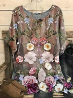 Loose Casual Floral Print Crew Neck Short Sleeves Blouse