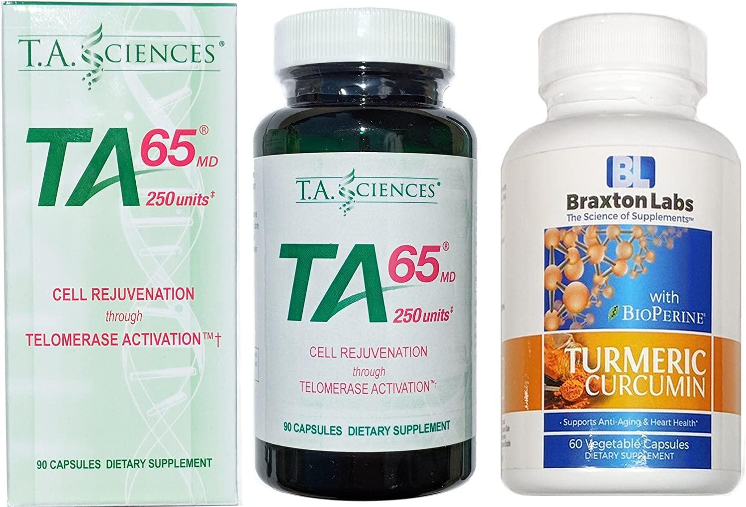 T.A. Sciences TA65 90 Capsules 250 Units Includes a Free Bottle of Braxton LabsTumeric Curcumin 60 Vegetable Caps