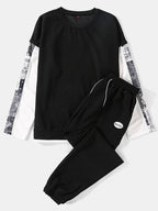 mens texture paisley print stitching sweatshirt casual pullover two pieces outfits