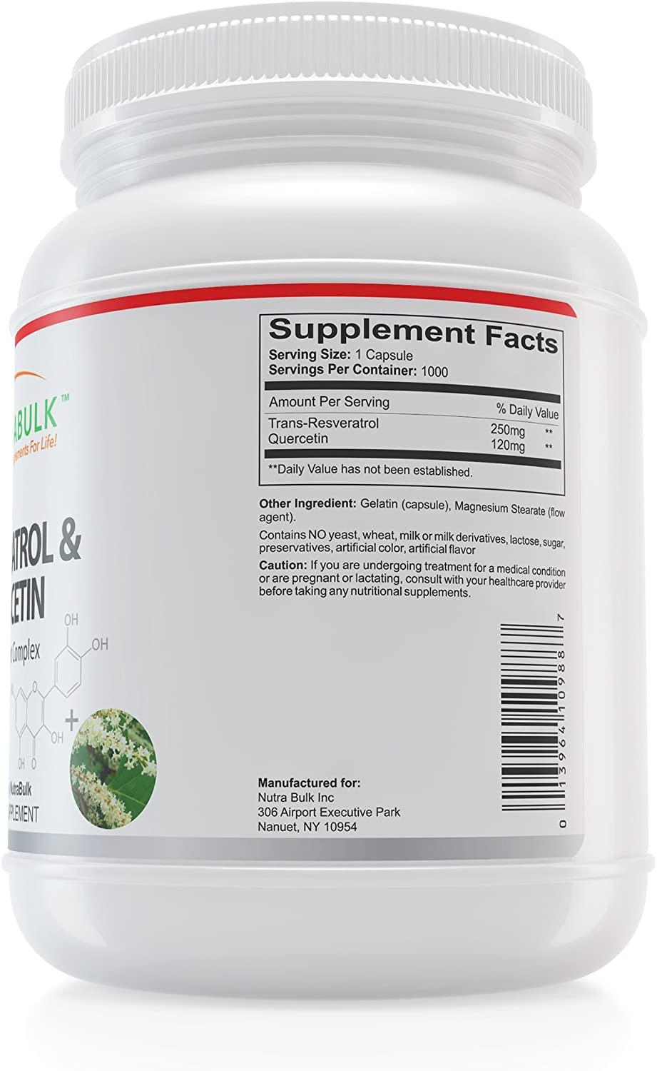 NutraBulk Resveratrol 250mg / Quercetin 120mg Capusules 1000 Count