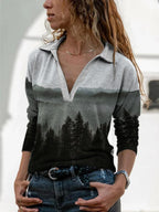 Women Treetop Fog Landscape Print V-neck Loose Sweatshirt