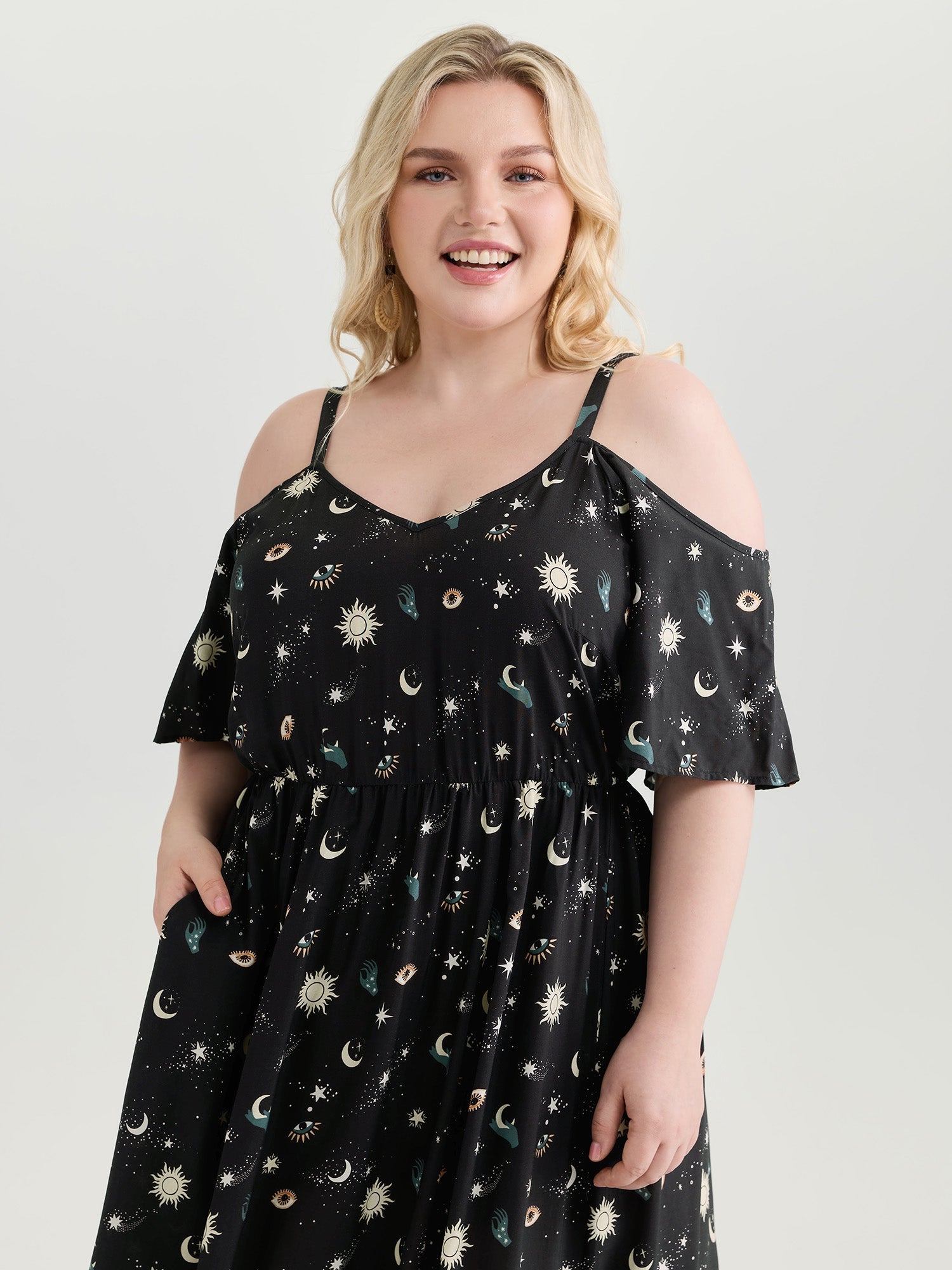 Starry Night Cold-Shoulder Flowy Midi Dress