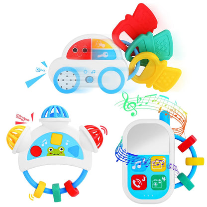 Baby Sensory Toys - 3PCS Baby Rattle Teething Toys Kits with Music, Infant Newborn Montessori Toys for Boys Girls 0-18 Months, Toddler Travel Toys Christmas