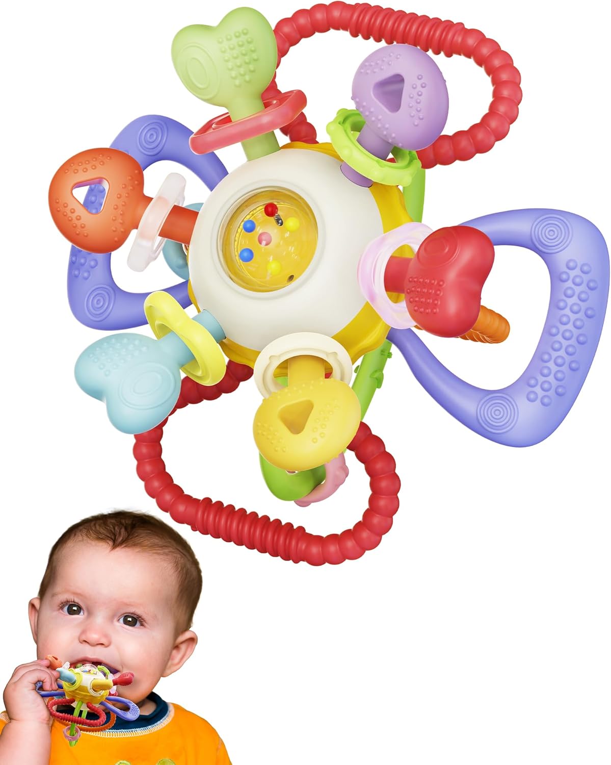 Baby Montessori Sensory Teething Toy - Safe, Multi-Functional BPA-Free Silicone Teether for Babies 0-12 Months - Teething Relief & Fun Play with Rattle - Perfect Baby Toys for Boys & Girls
