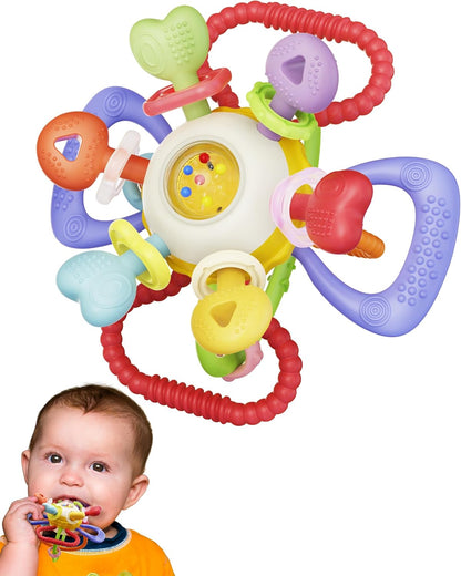 Baby Montessori Sensory Teething Toy - Safe, Multi-Functional BPA-Free Silicone Teether for Babies 0-12 Months - Teething Relief & Fun Play with Rattle - Perfect Baby Toys for Boys & Girls
