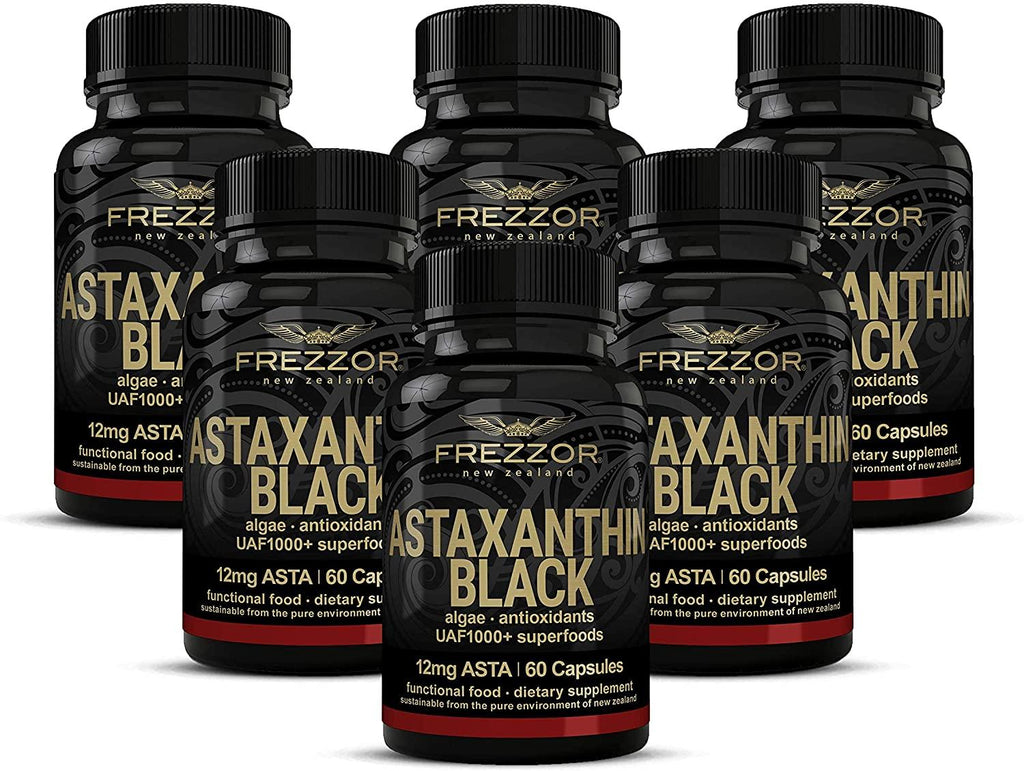 FREZZOR New Zealand Astaxanthin Black with UAF1000+, Anti-Aging, Skin, Eye, Nerve, Muscle Recovery, Cardiovascular and Immune Support Antioxidant Supplement, 12mg Astaxanthin, 180 Servings, 6 Bottles