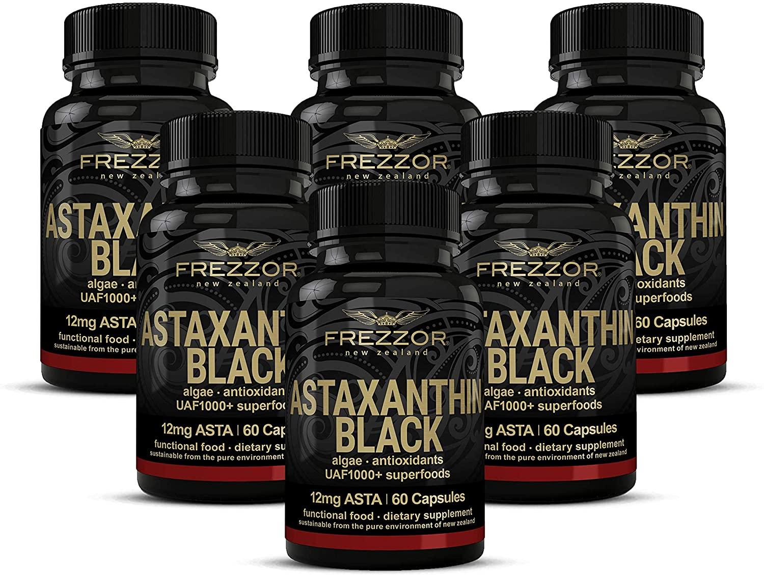 FREZZOR New Zealand Astaxanthin Black with UAF1000+, Anti-Aging, Skin, Eye, Nerve, Muscle Recovery, Cardiovascular and Immune Support Antioxidant Supplement, 12mg Astaxanthin, 180 Servings, 6 Bottles