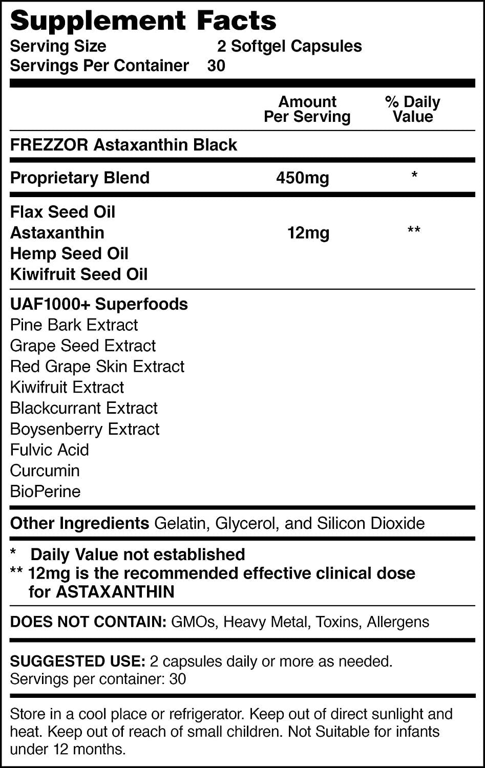 FREZZOR New Zealand Astaxanthin Black with UAF1000+, Anti-Aging, Skin, Eye, Nerve, Muscle Recovery, Cardiovascular and Immune Support Antioxidant Supplement, 12mg Astaxanthin, 180 Servings, 6 Bottles