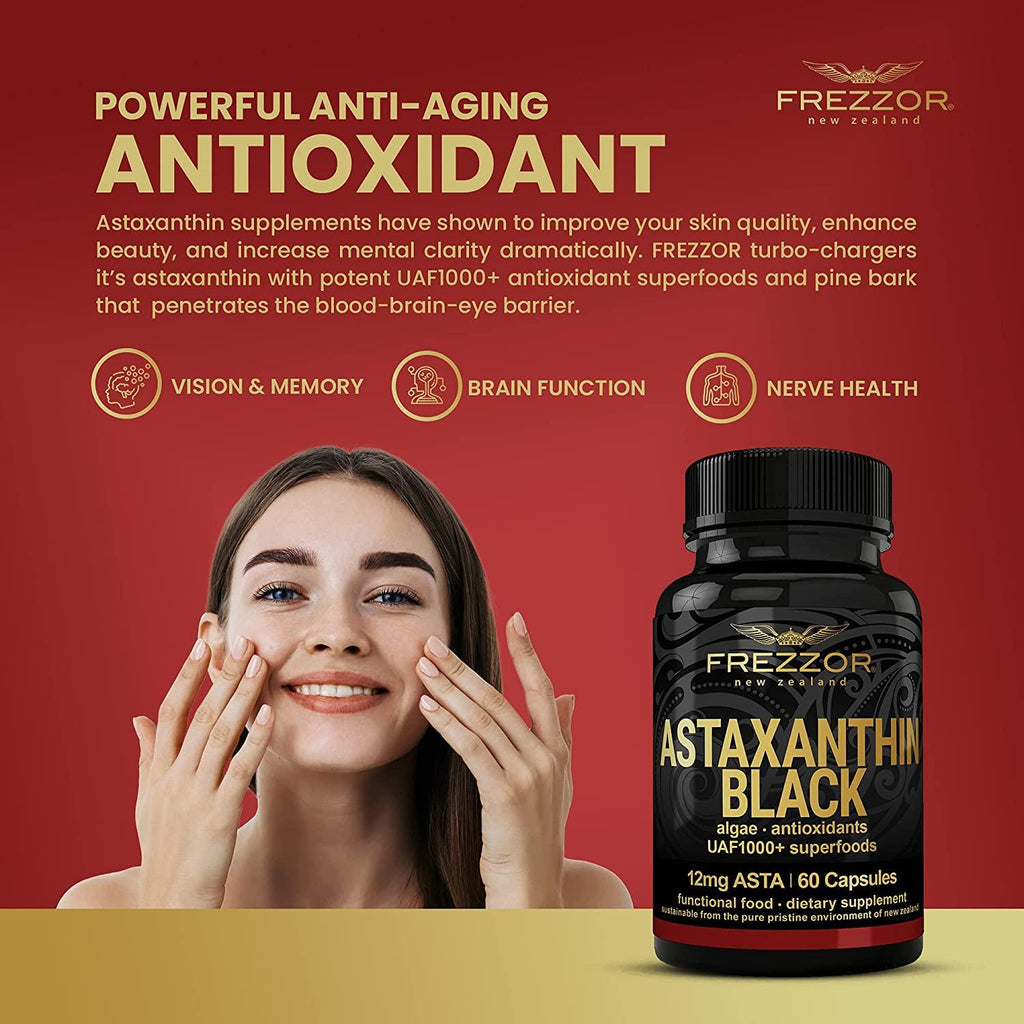 FREZZOR New Zealand Astaxanthin Black with UAF1000+, Anti-Aging, Skin, Eye, Nerve, Muscle Recovery, Cardiovascular and Immune Support Antioxidant Supplement, 12mg Astaxanthin, 180 Servings, 6 Bottles