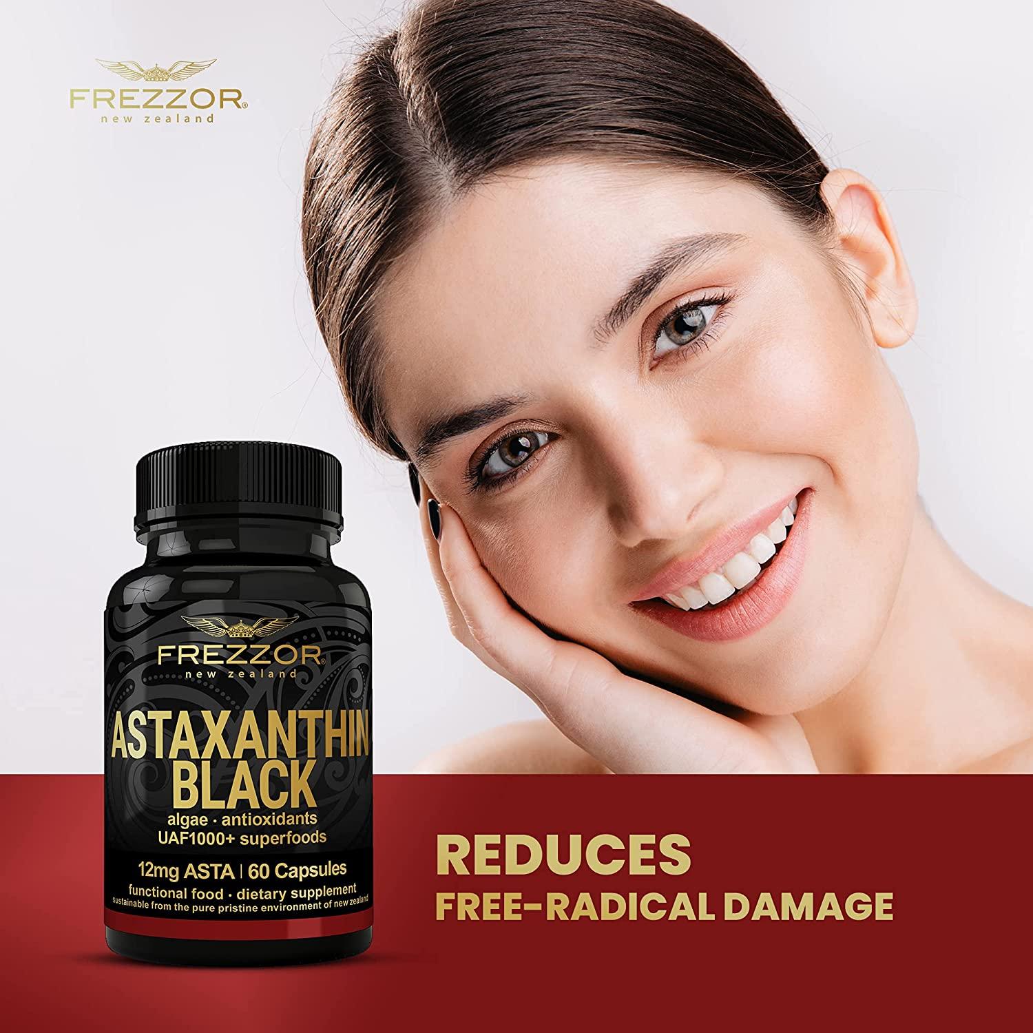 FREZZOR New Zealand Astaxanthin Black with UAF1000+, Anti-Aging, Skin, Eye, Nerve, Muscle Recovery, Cardiovascular and Immune Support Antioxidant Supplement, 12mg Astaxanthin, 180 Servings, 6 Bottles