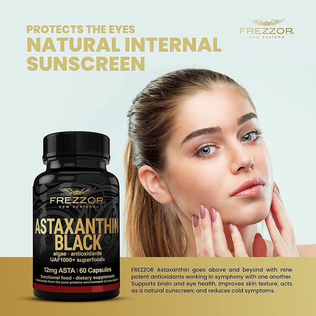 FREZZOR New Zealand Astaxanthin Black with UAF1000+, Anti-Aging, Skin, Eye, Nerve, Muscle Recovery, Cardiovascular and Immune Support Antioxidant Supplement, 12mg Astaxanthin, 180 Servings, 6 Bottles