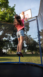 JumpOval 10' x 15' Trampoline, with Two Basketball Hoops, Blue/Yellow