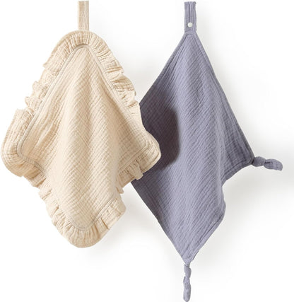Loveys for Babies, 2 Pack Organic Cotton Muslin with Attachable Snap Closure -Newborn Baby Lovey Security Blankets for Babies Baby Blanket (Purple)