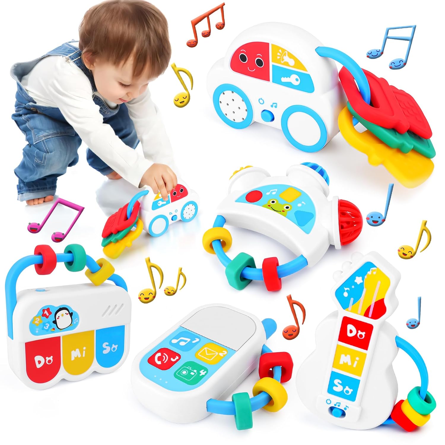 Baby Sensory Toys - 3PCS Baby Rattle Teething Toys Kits with Music, Infant Newborn Montessori Toys for Boys Girls 0-18 Months, Toddler Travel Toys Christmas