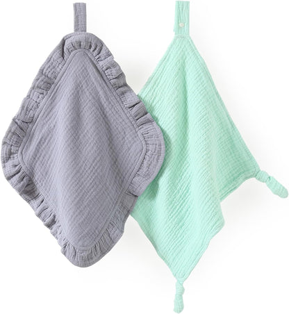 Loveys for Babies, 2 Pack Organic Cotton Muslin with Attachable Snap Closure -Newborn Baby Lovey Security Blankets for Babies Baby Blanket (Purple)