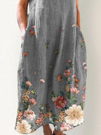 Round Neck Cotton And Linen Printed Pocket Short-sleeved Maxi Dress