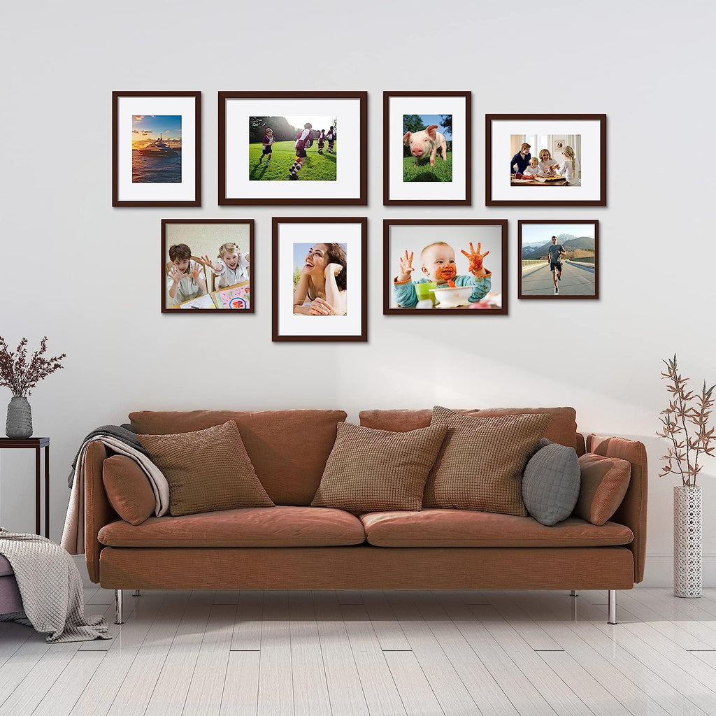 upsimples 11x17 Picture Frame Set of 5, Display Pictures 9x15 with Mat or 11x17 Without Mat, Wall Gallery Photo Frames, Brown