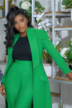 Turndown Collar Solid Color Long Blazer High Waist Pants 2pcs Set-Green