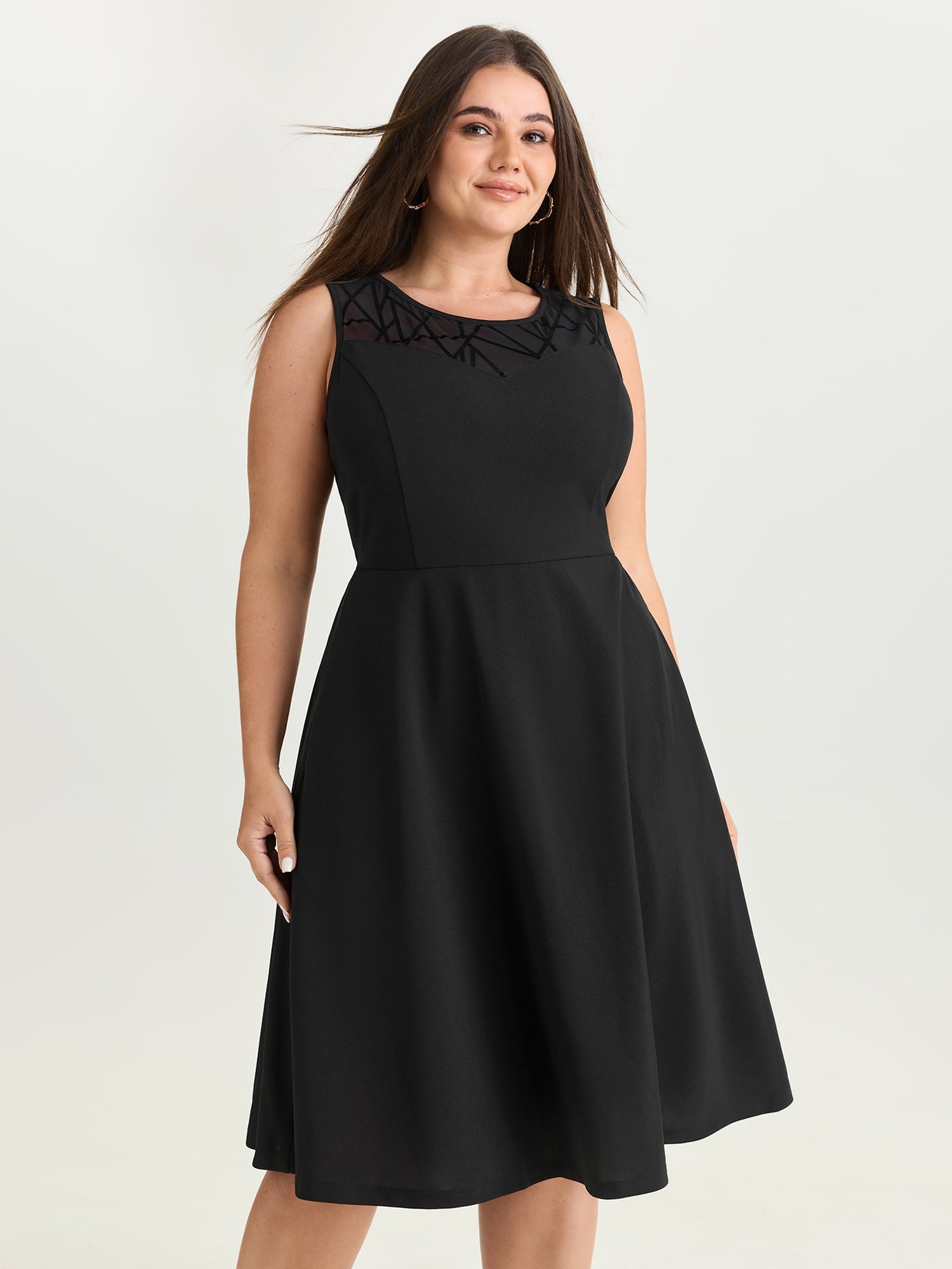 Mesh Neckline Sleeveless Fit And Flare Midi Dress