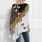 Fashion Golden Butterfly Print Asymmetry Top Women