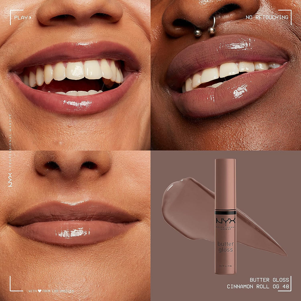 NYX PROFESSIONAL MAKEUP Butter Gloss Brown Sugar, Non-Sticky Lip Gloss - Cinnamon Roll (Grey Brown)