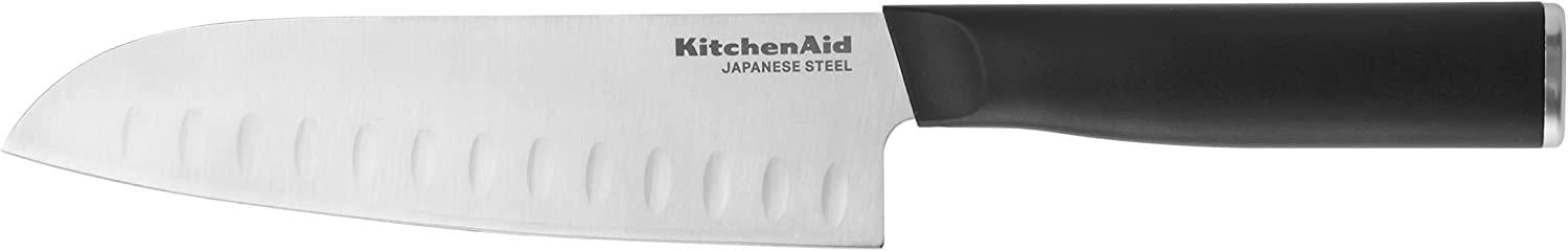 KitchenAid Classic Santoku Knife with Custom-Fit Blade Cover, 7-inch, Sharp Kitchen Knife, High-Carbon Japanese Stainless Steel, Black