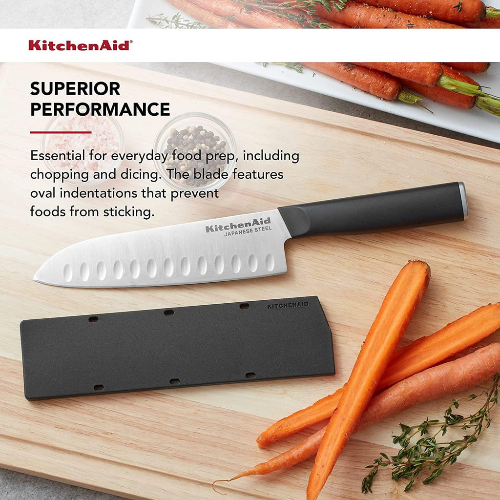 KitchenAid Classic Santoku Knife with Custom-Fit Blade Cover, 7-inch, Sharp Kitchen Knife, High-Carbon Japanese Stainless Steel, Black