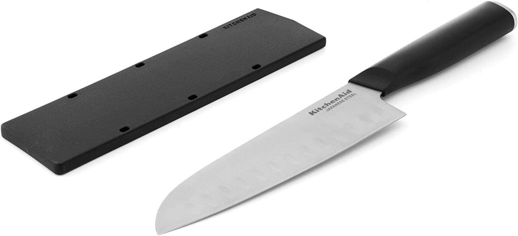 KitchenAid Classic Santoku Knife with Custom-Fit Blade Cover, 7-inch, Sharp Kitchen Knife, High-Carbon Japanese Stainless Steel, Black