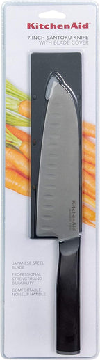 KitchenAid Classic Santoku Knife with Custom-Fit Blade Cover, 7-inch, Sharp Kitchen Knife, High-Carbon Japanese Stainless Steel, Black