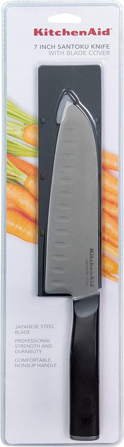 KitchenAid Classic Santoku Knife with Custom-Fit Blade Cover, 7-inch, Sharp Kitchen Knife, High-Carbon Japanese Stainless Steel, Black