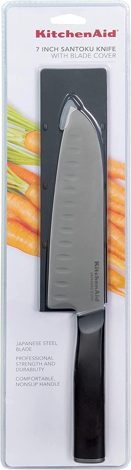KitchenAid Classic Santoku Knife with Custom-Fit Blade Cover, 7-inch, Sharp Kitchen Knife, High-Carbon Japanese Stainless Steel, Black