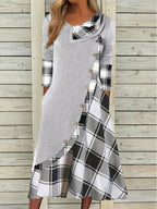 Fashion Check Print Lapel Long Sleeve Casual Maxi Dress