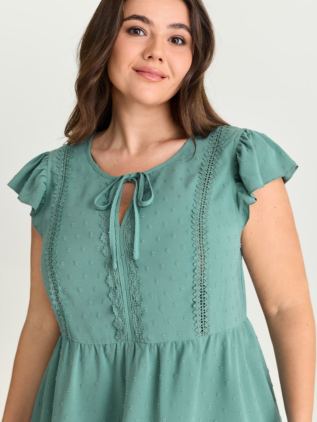 Textured Lace Panels Keyhole Neckline Blouse