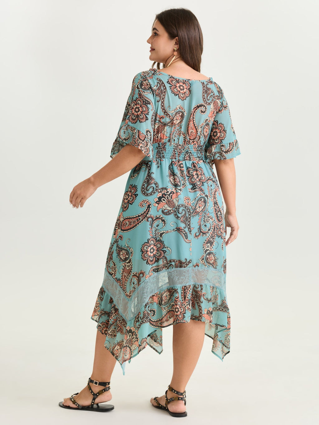 Floral Paisley Print High Low Hem Midi Dress