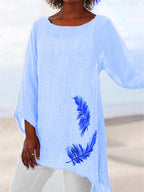 Ladies Crew Neck Feather Print Long Sleeve Blouse
