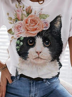 Womens Casual Fashion Floral And Cat Print T-shirt