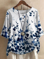 Round Neck Casual Loose Botanical Print Short Sleeve Blouse