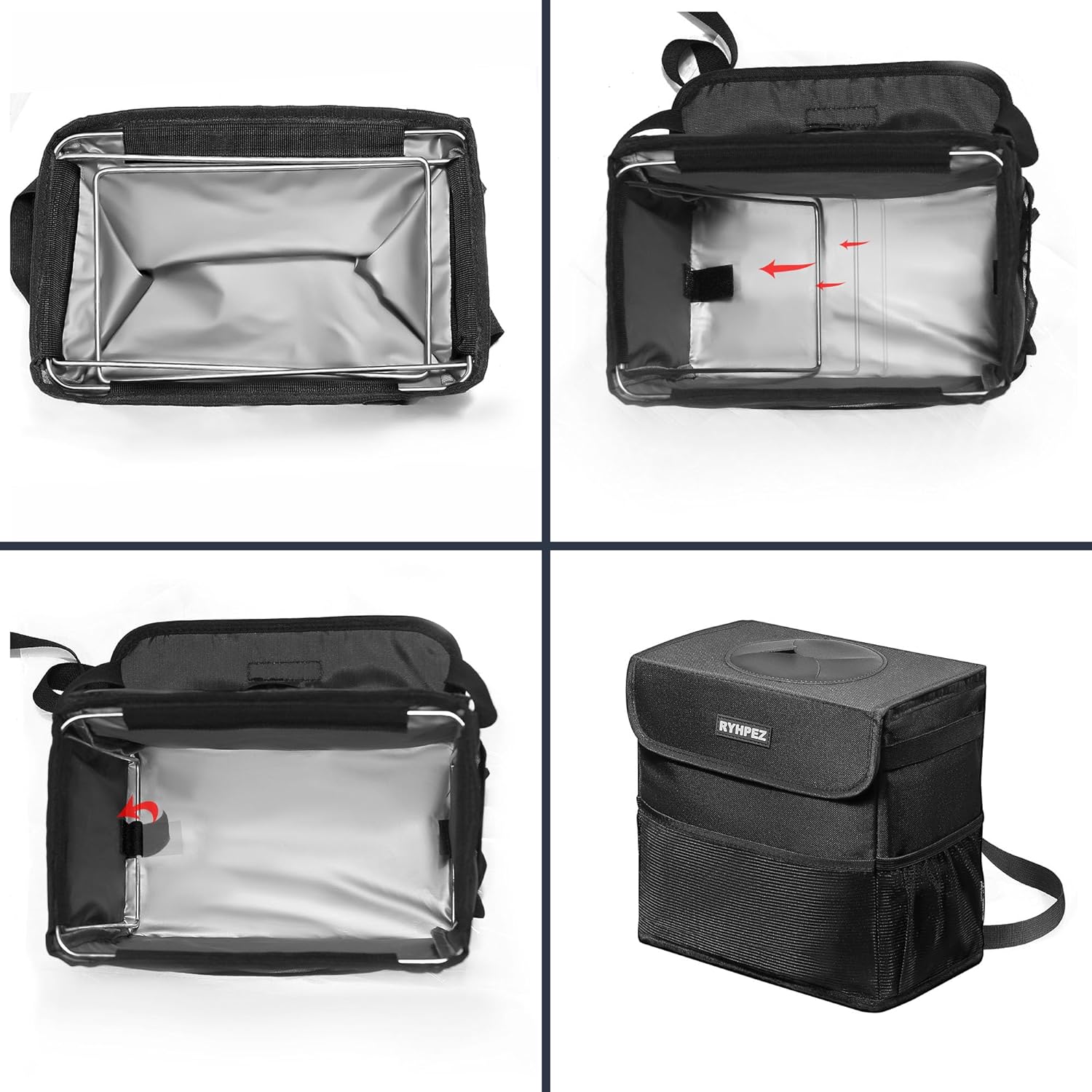 Ryhpez Car Trash Can with Lid - Car Trash Bag Hanging with Storage Pockets Collapsible and Portable Car Garbage Can with Metal Rack Support