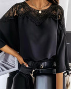 Solid Color Contrast Lace Blouse