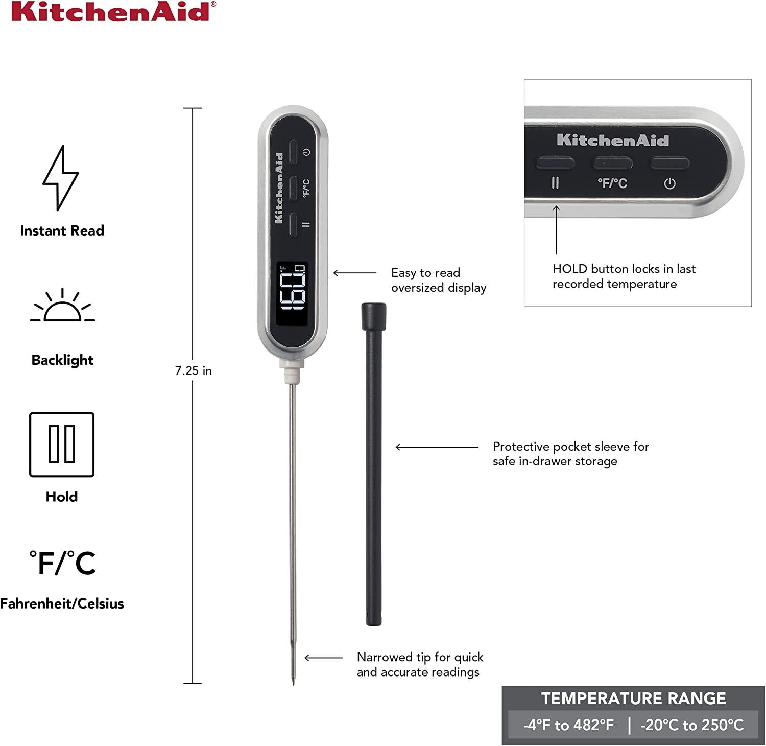 KitchenAid KQ905 Rapid Response Digital Kitchen and Food Thermometer, TEMPERATURE RANGE: -4F to 482F/-20C to 250C, Black